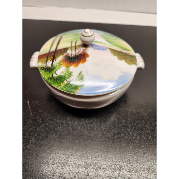 Vintage Hand Painted Porcelain Lidded Bowl With Scenic Landscape Design - Picture 5 of 15